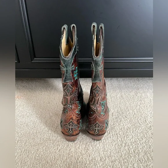 Corral Whiskey / Turquoise Cross Cowboy Boots - Cowgirl Boots - Size: 8M